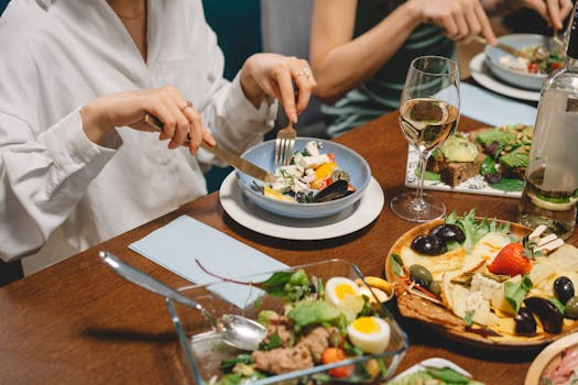 Mediterranean meal with fruits and greens