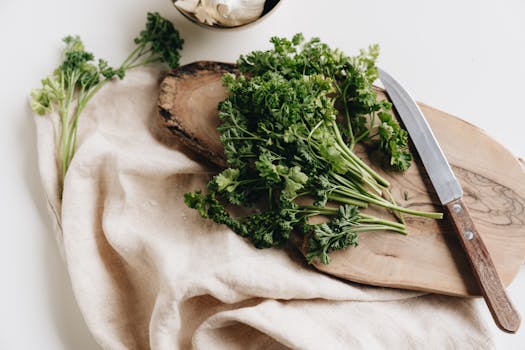 fresh herbs on a cutting board