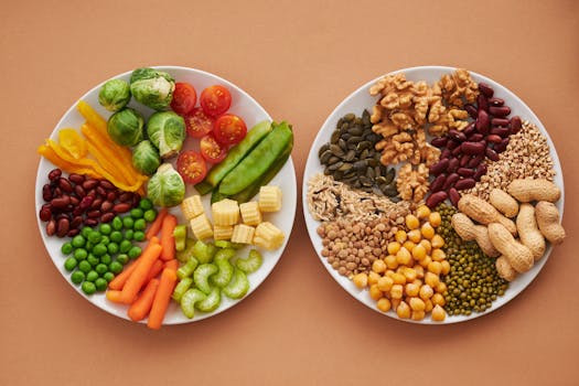 a variety of plant-based foods including beans, grains, and vegetables